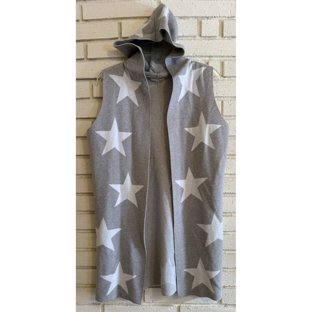 SIONI Cardigan Vest‎ Size Small Gray, W/ Star Accents, Hooded, Sleeveless, Soft